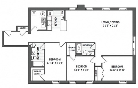 Floor plan for 3 beds, 2 baths, 1714 sqft
